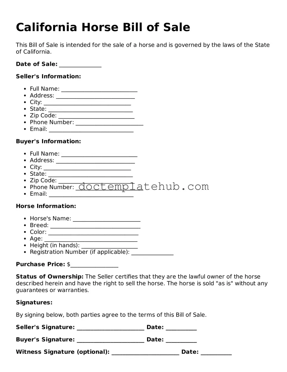 Fillable Horse Bill of Sale Template for California State