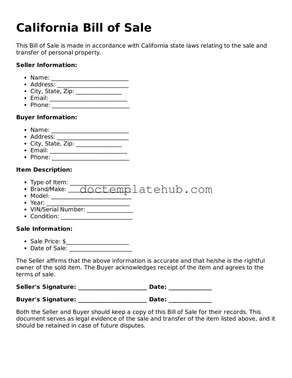 Fillable Bill of Sale Template for California State