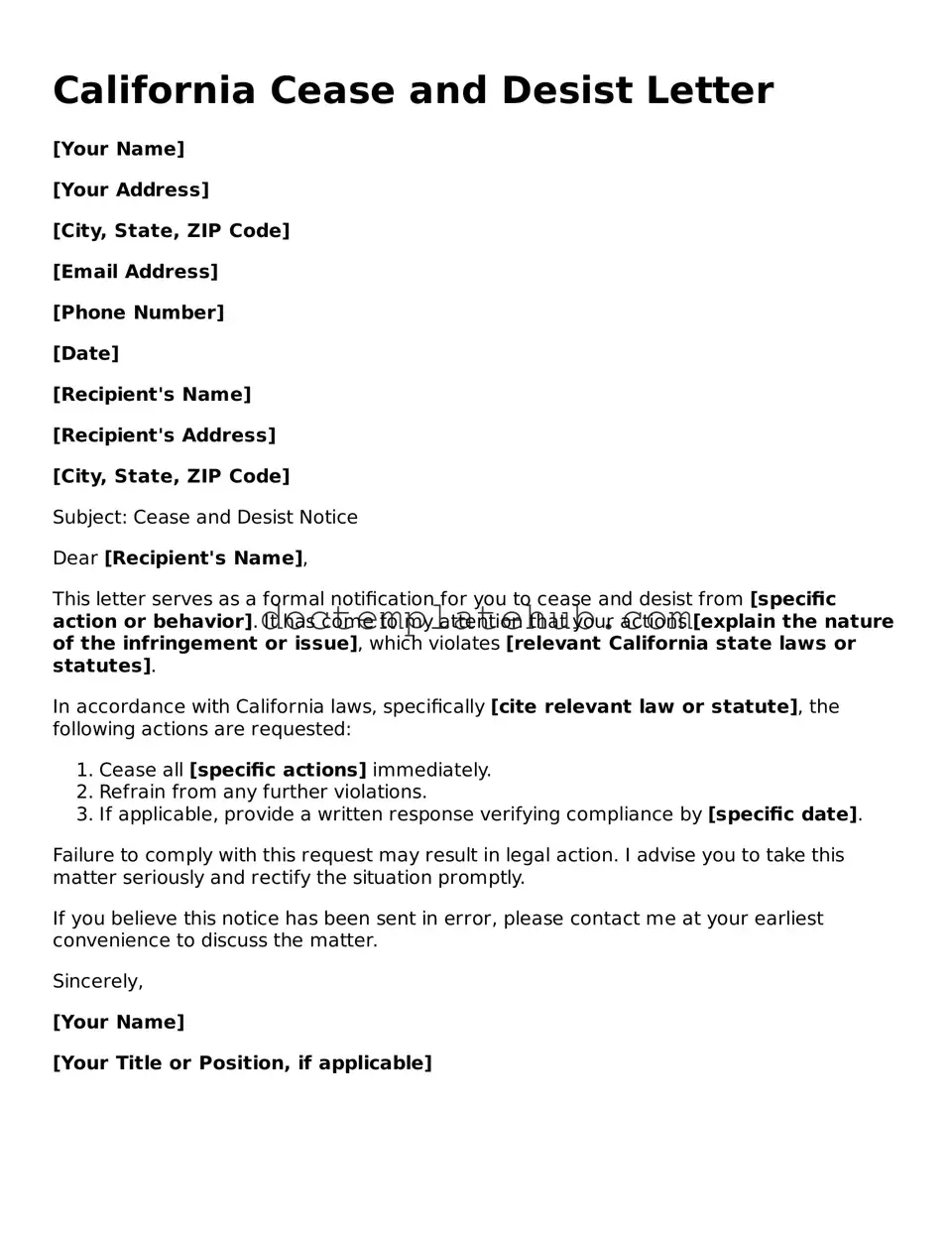 Fillable Cease and Desist Letter Template for California State