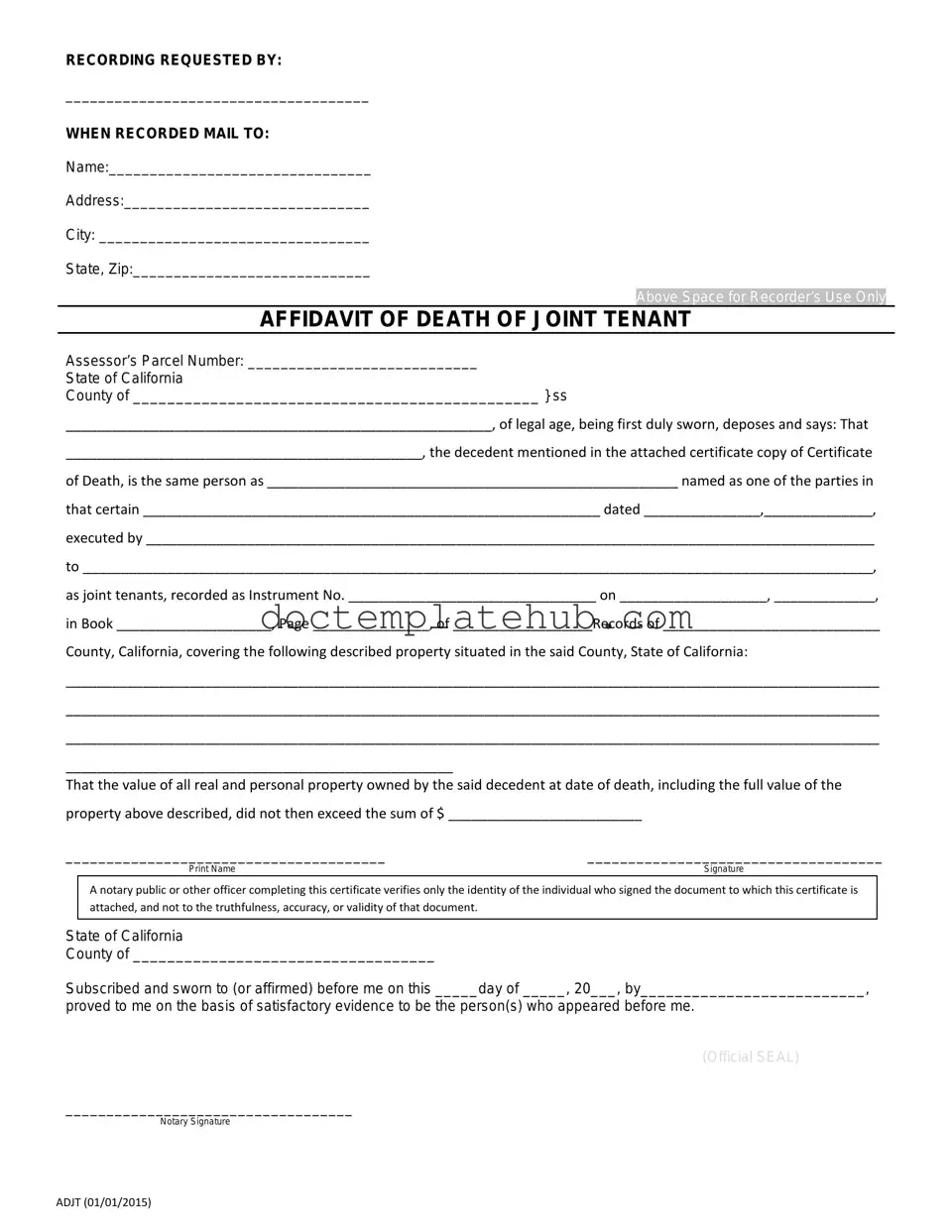 Fill Your California Death of a Joint Tenant Affidavit Form
