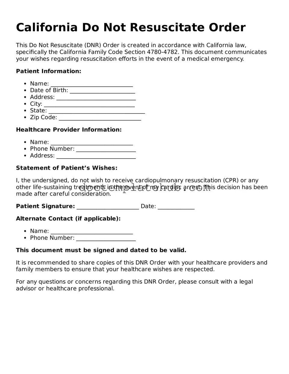 Fillable Do Not Resuscitate Order Template for California State