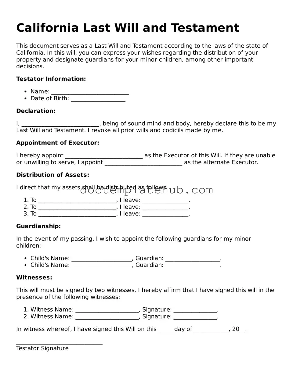Fillable Last Will and Testament Template for California State
