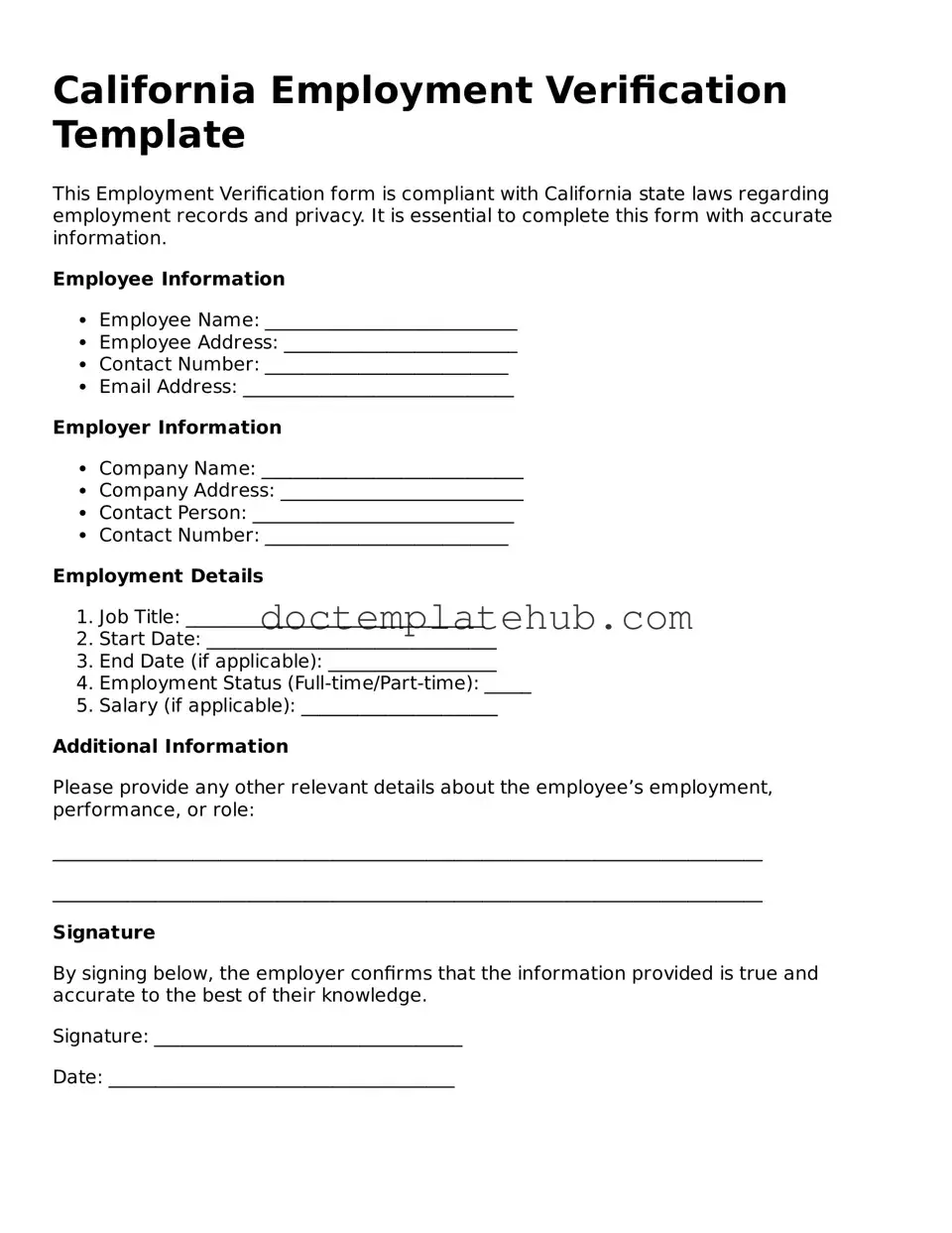 Fillable Employment Verification Template for California State