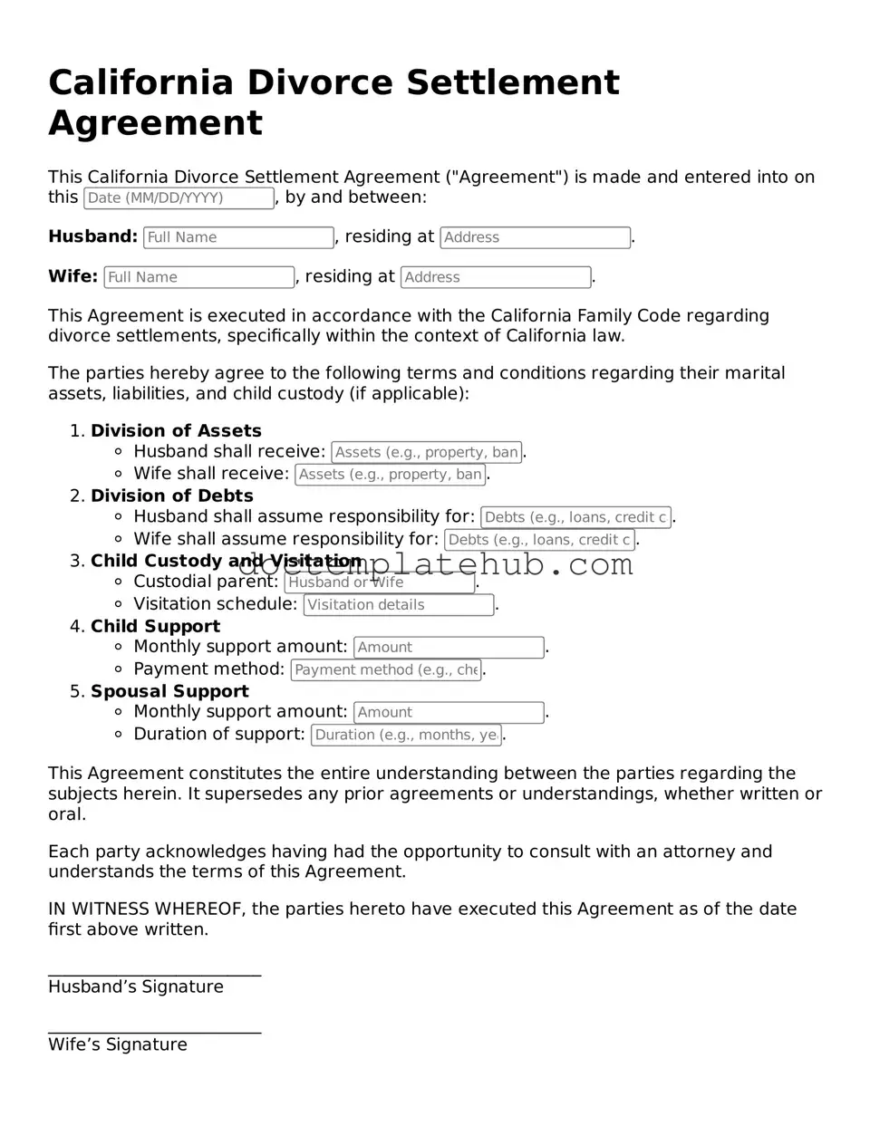 Fillable Divorce Settlement Agreement Template for California State