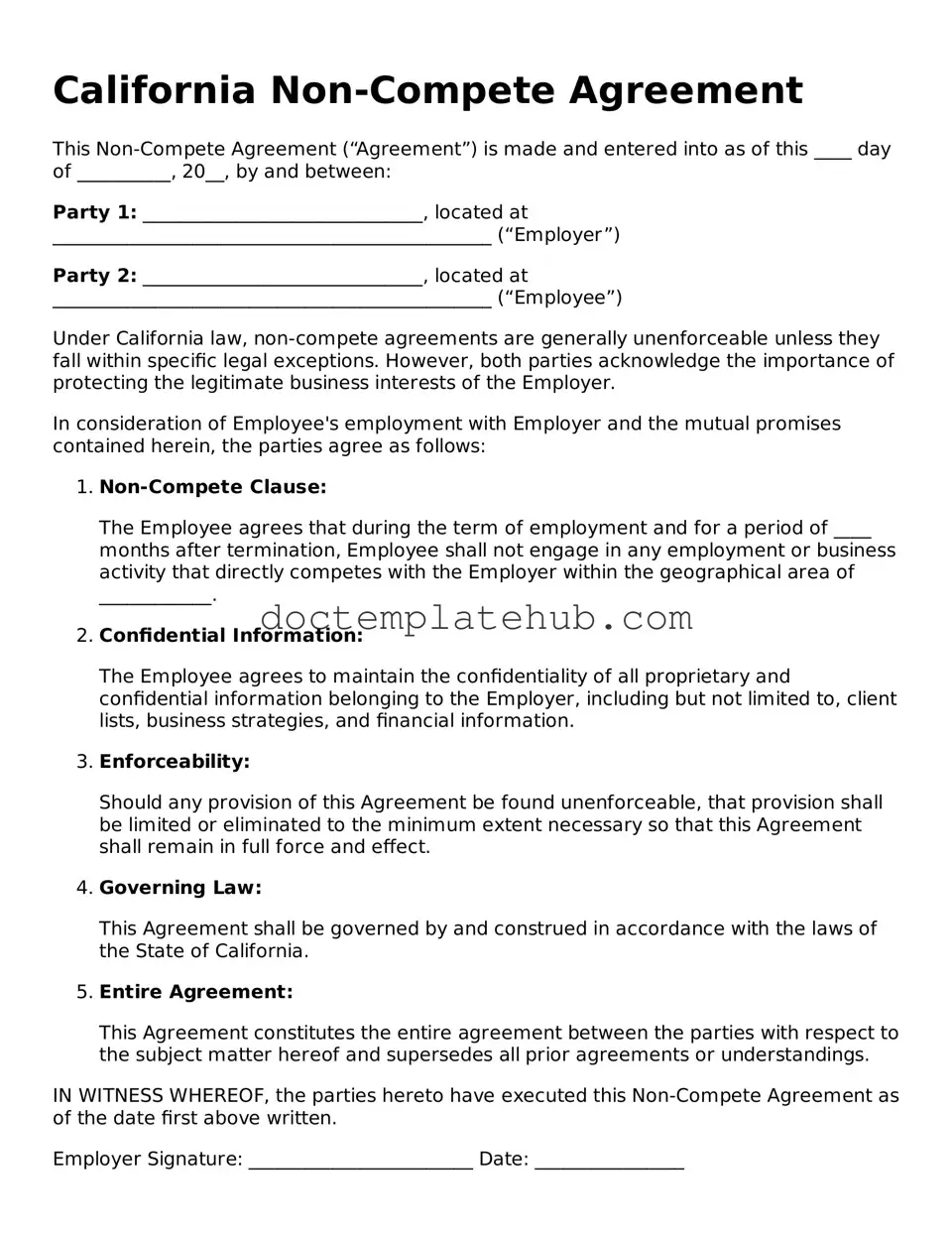 Fillable Non-compete Agreement Template for California State