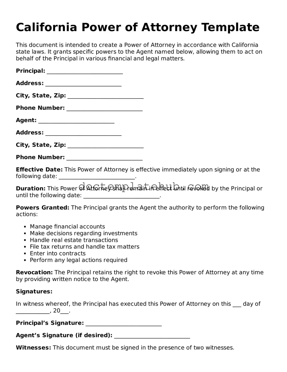 Fillable Power of Attorney Template for California State
