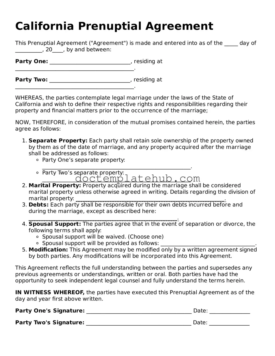 Fillable Prenuptial Agreement Template for California State