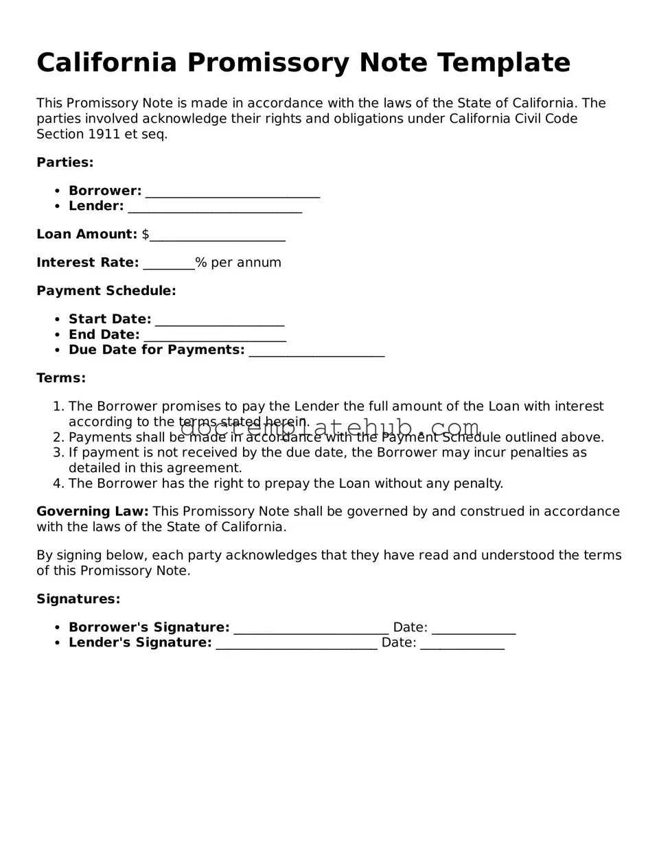 Fillable Promissory Note Template for California State