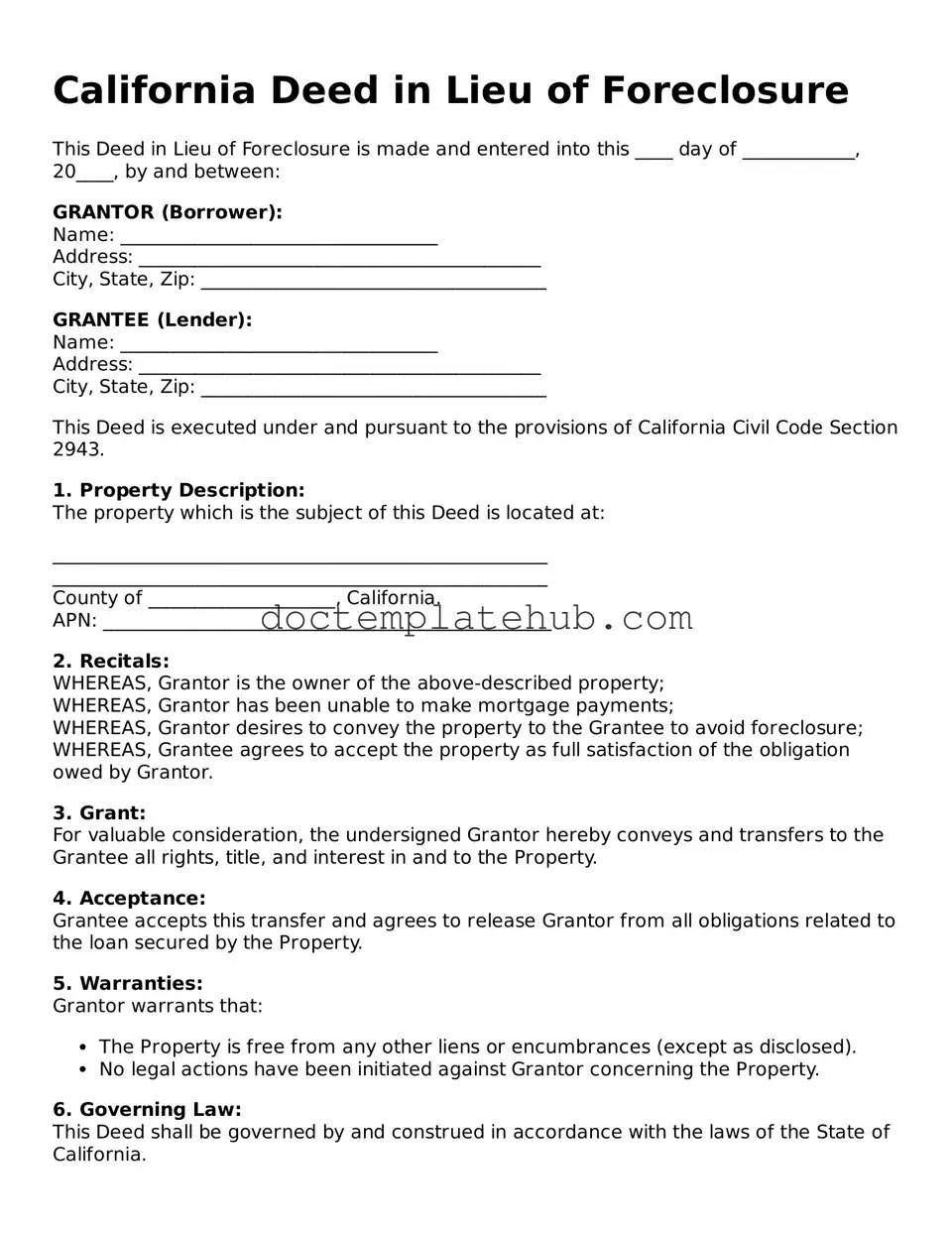 Fillable Deed in Lieu of Foreclosure Template for California State