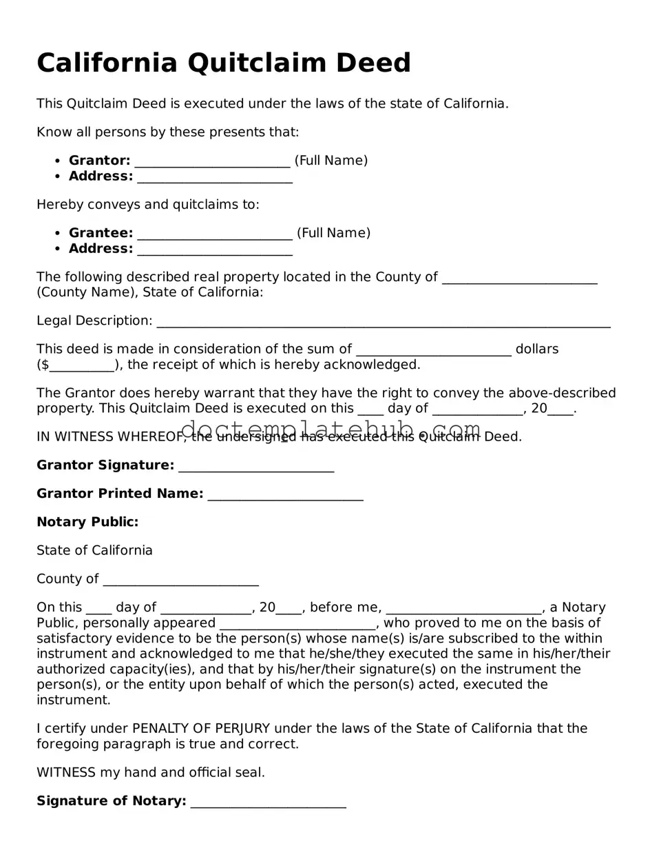 Fillable Quitclaim Deed Template for California State