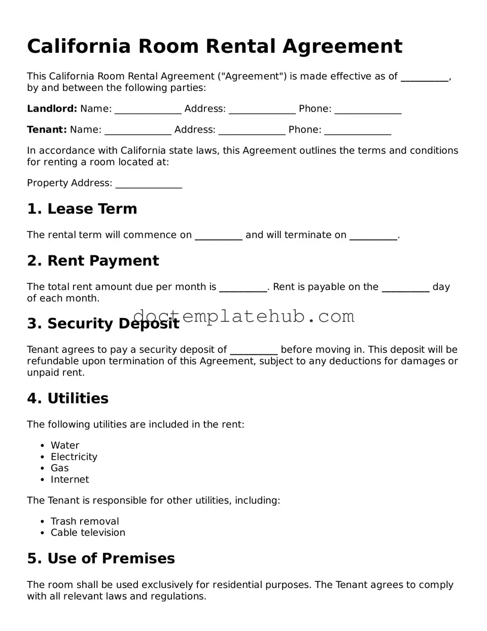 Fillable Room Rental Agreement Template for California State