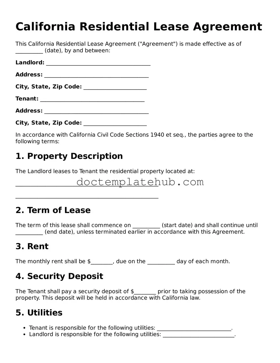 Fillable Residential Lease Agreement Template for California State
