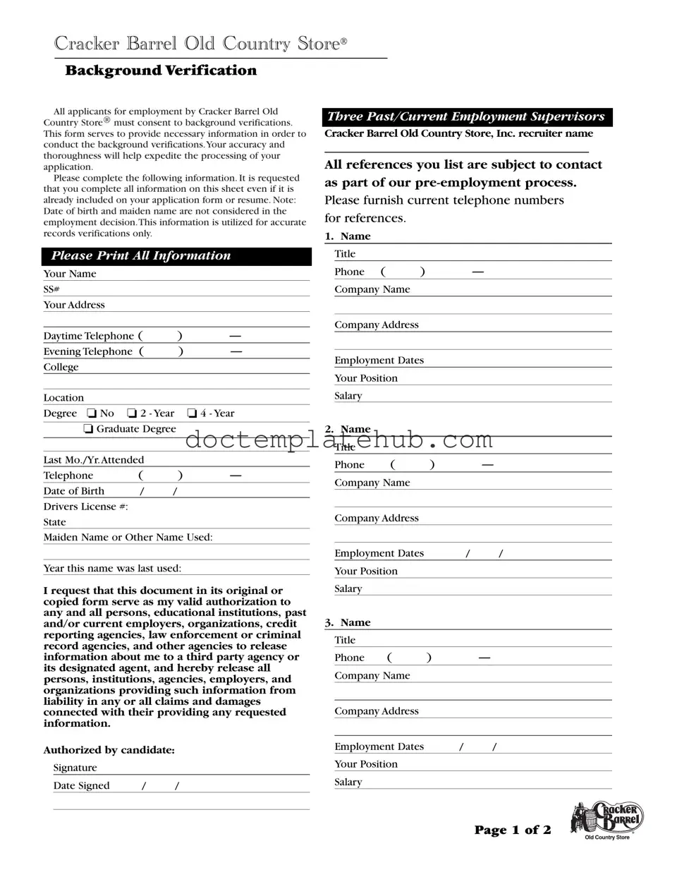 Fill Your Cracker Barrel Background Check Form