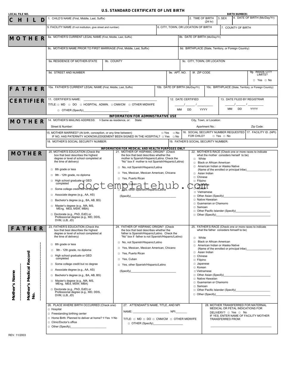 Fill Your CDC U.S. Standard Certificate of Live Birth Form