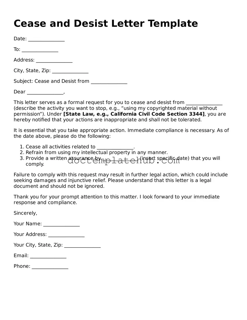 Official Cease and Desist Letter Form