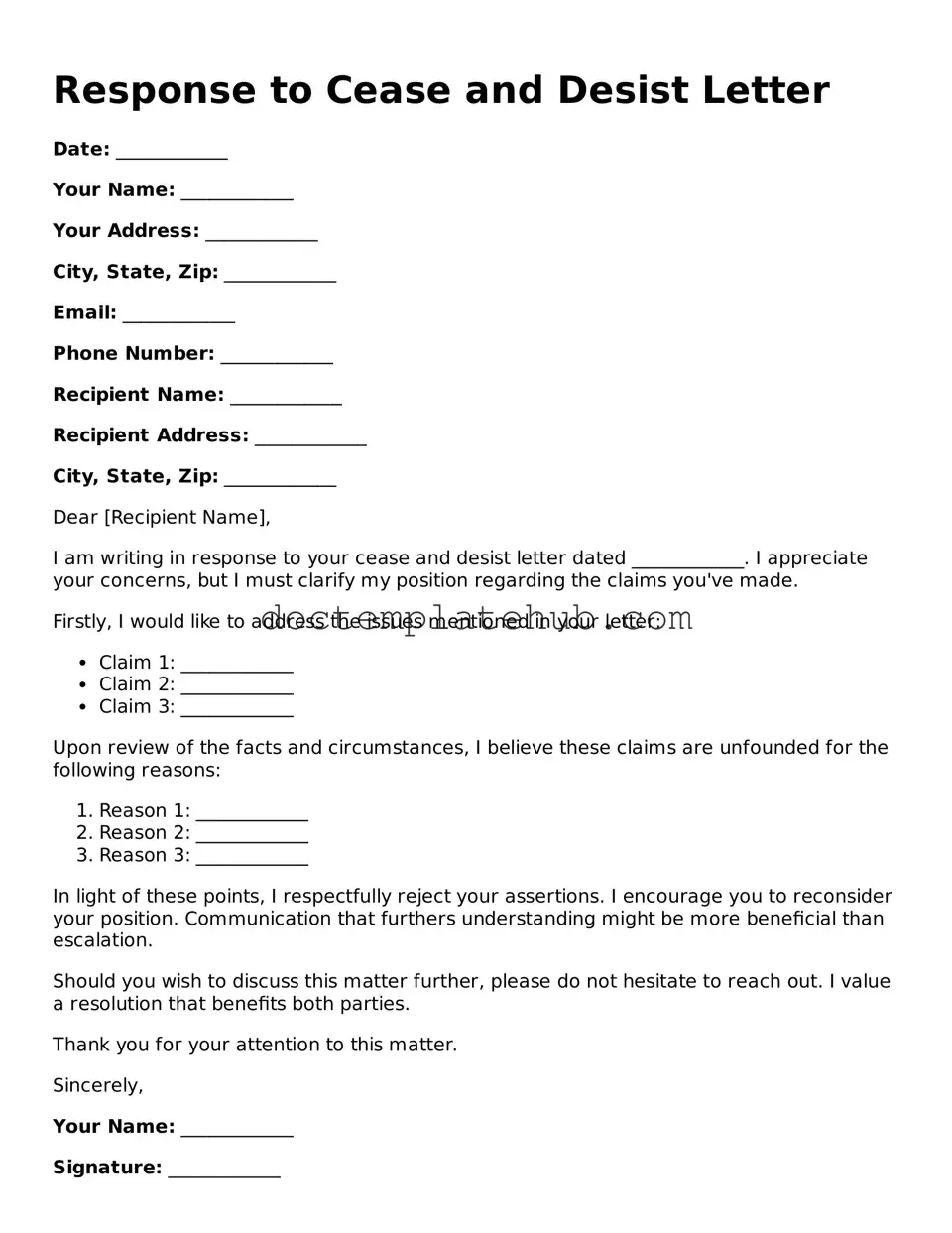 Official Response to a Cease and Desist Letter Form