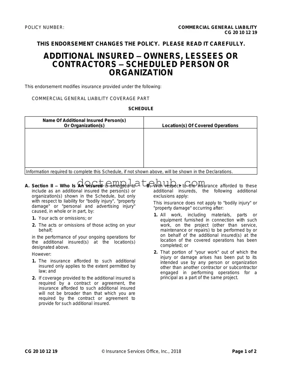 Fill Your Cg 20 10 07 04 Liability Endorsement Form