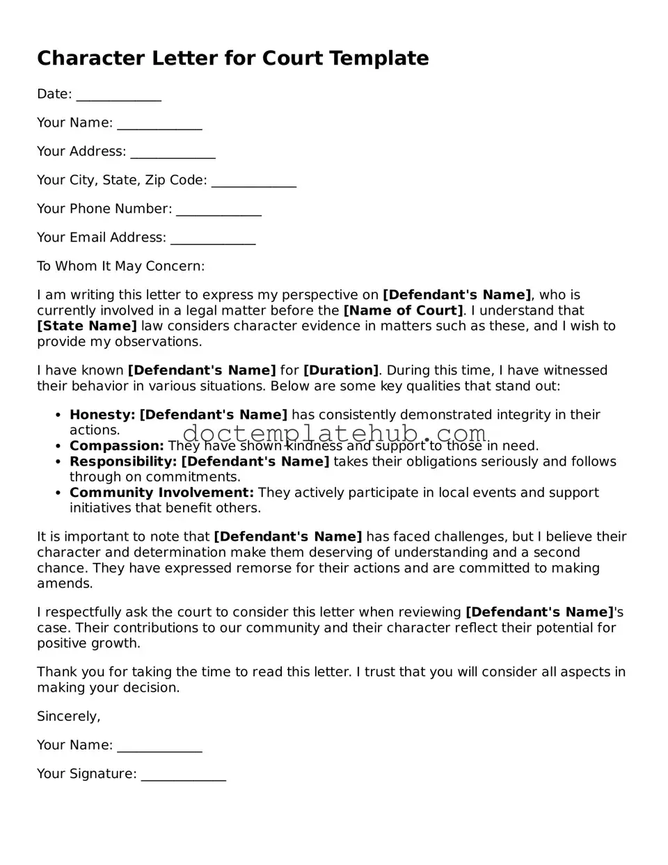 Official Character Letter for Court Form