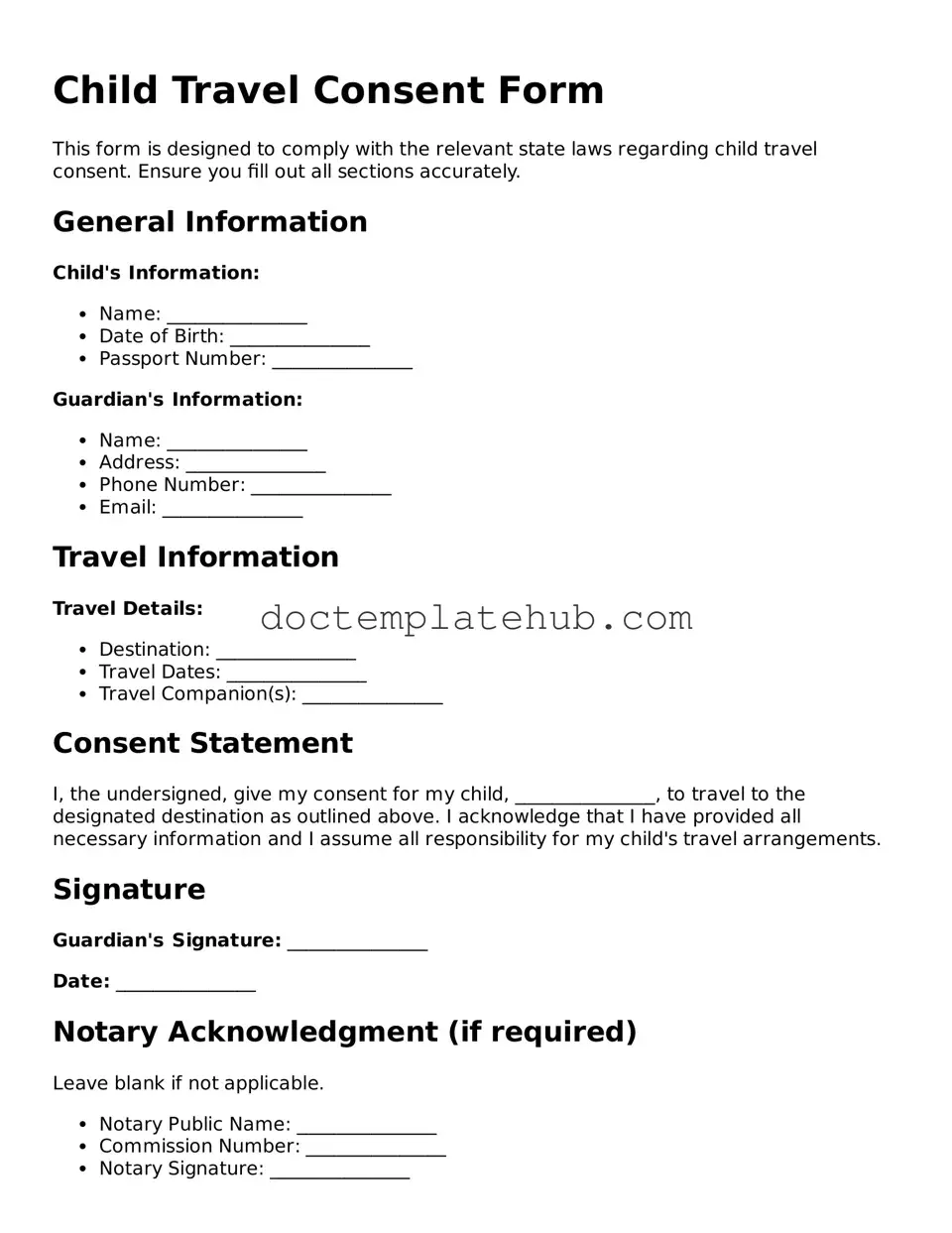 Official Child Travel Consent Form Form
