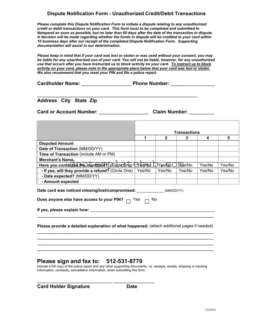 Fill Your Netspend Dispute Form