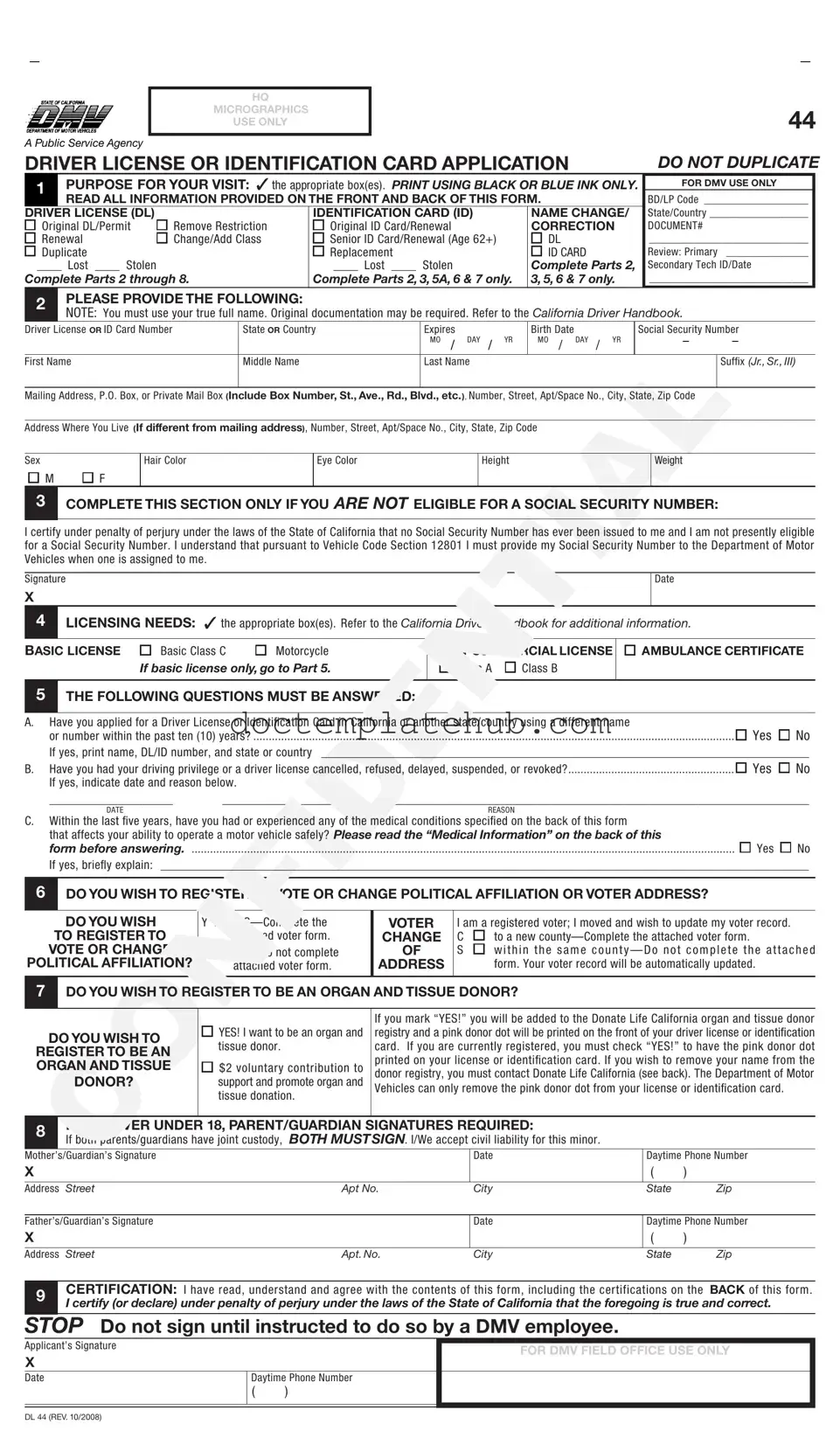 Fill Your Ca Dmv Dl 44 Form