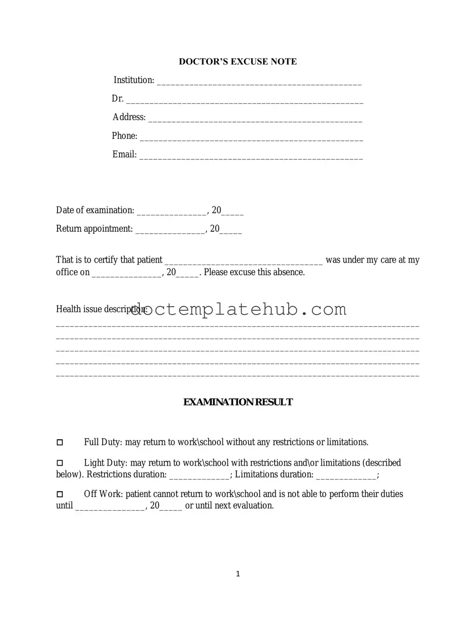 Fill Your Doctors Excuse Note Form