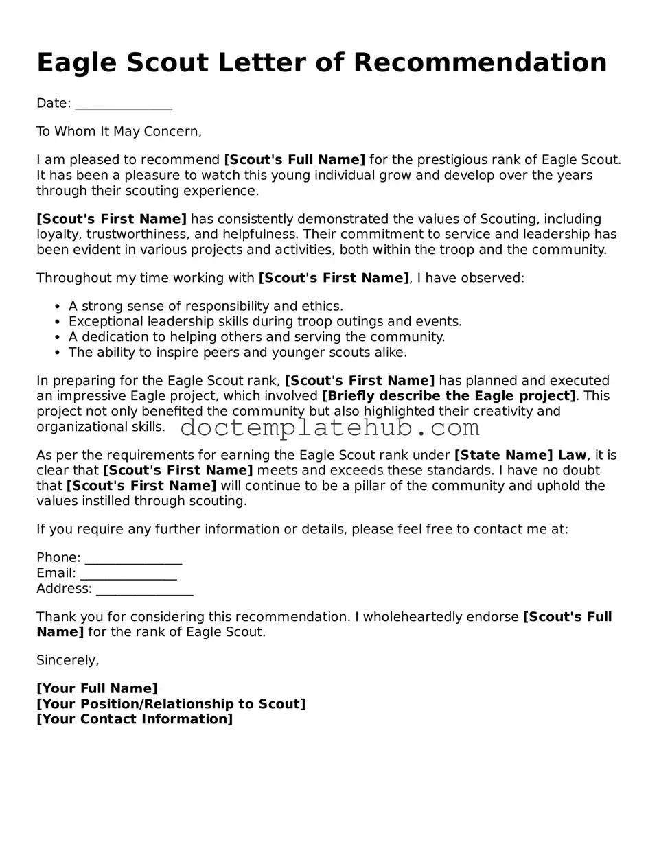 Official Eagle Scout Letter of Recommendation Form