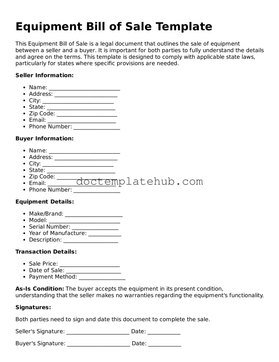 Official Equipment Bill of Sale Form