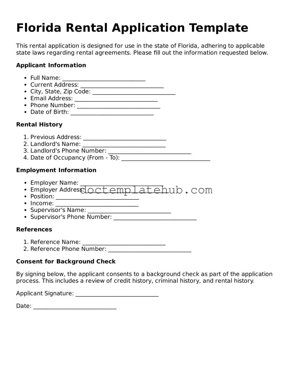 Fillable Rental Application Template for Florida State