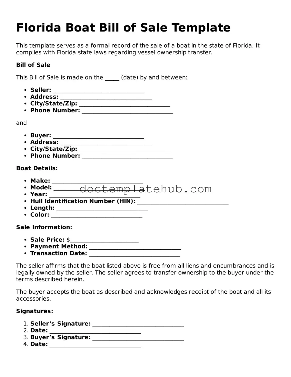 Fillable Boat Bill of Sale Template for Florida State