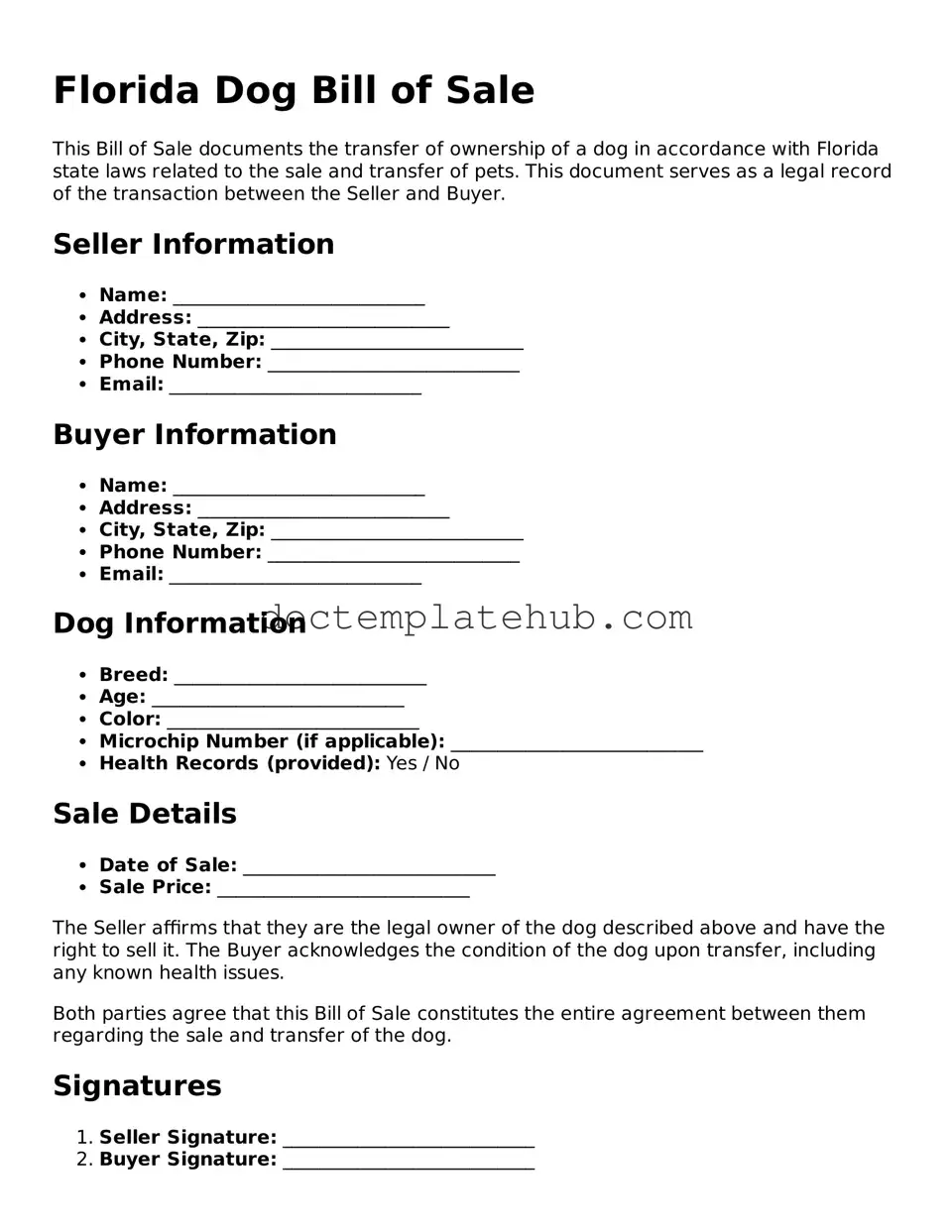 Fillable Dog Bill of Sale Template for Florida State