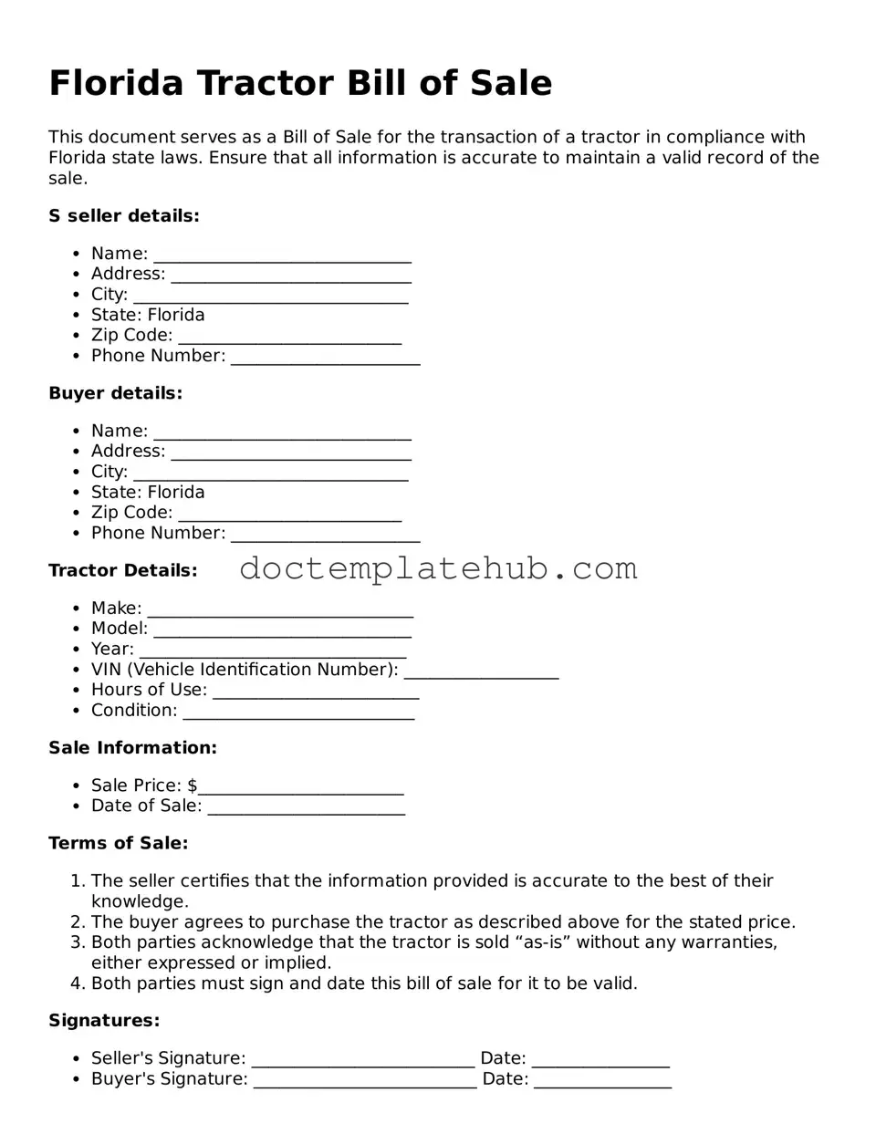 Fillable Tractor Bill of Sale Template for Florida State