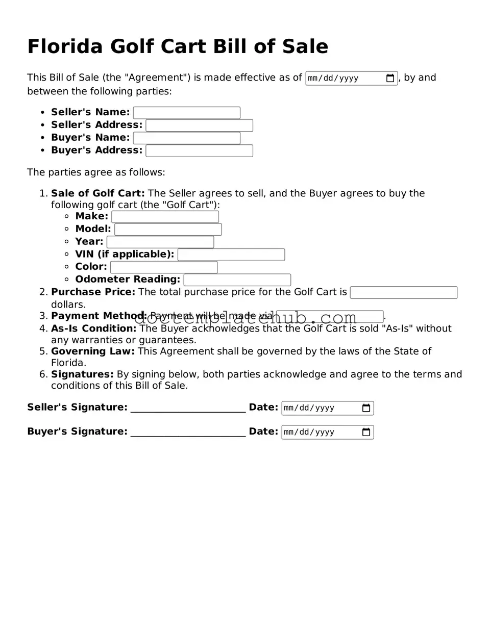 Fillable Golf Cart Bill of Sale Template for Florida State
