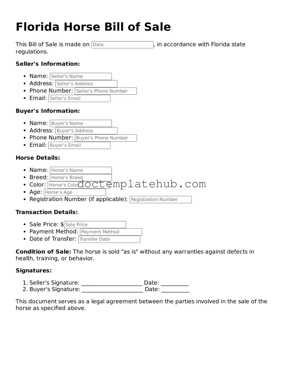 Fillable Horse Bill of Sale Template for Florida State