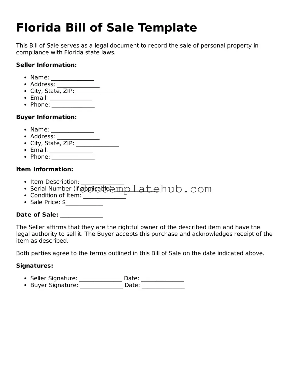 Fillable Bill of Sale Template for Florida State