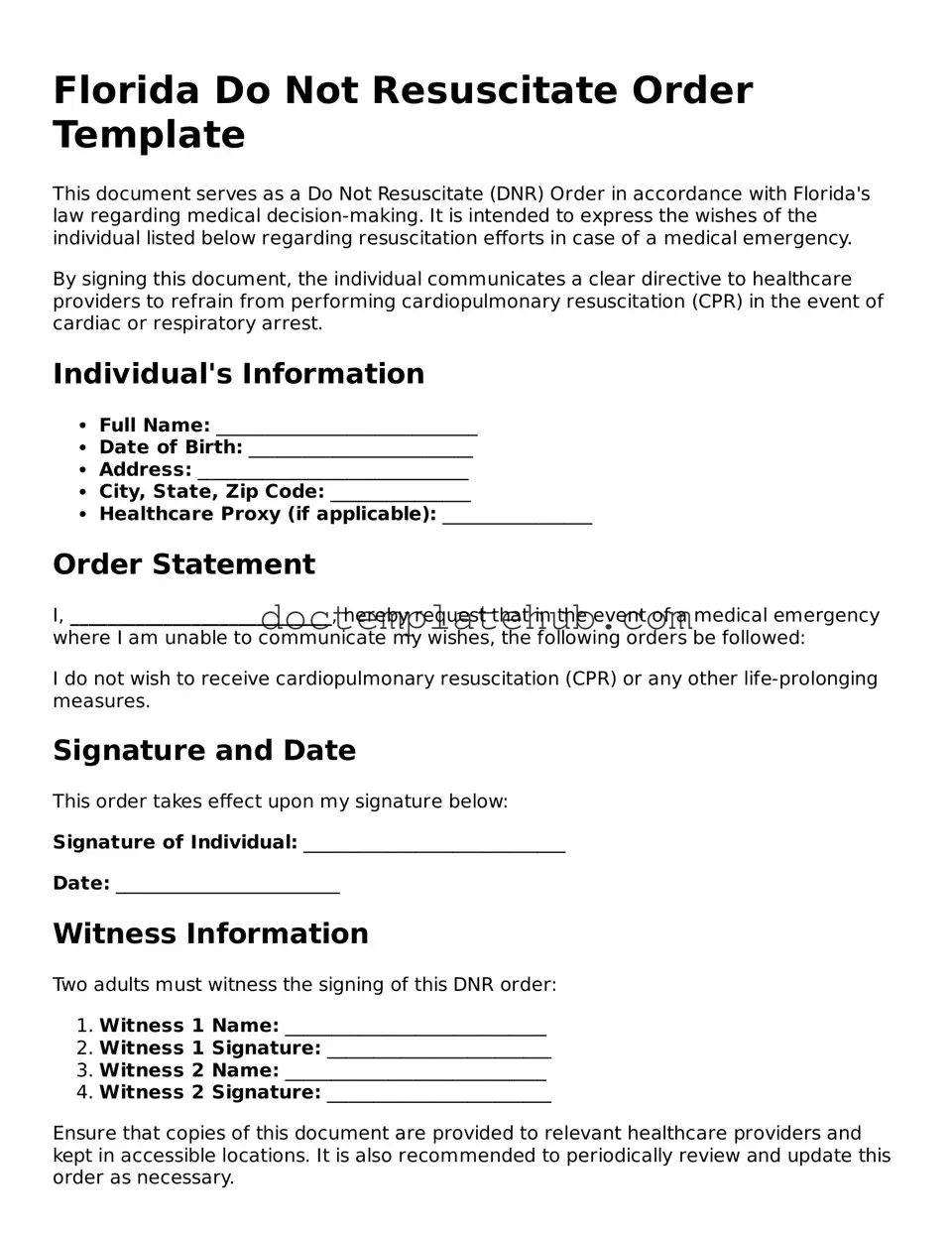Fillable Do Not Resuscitate Order Template for Florida State