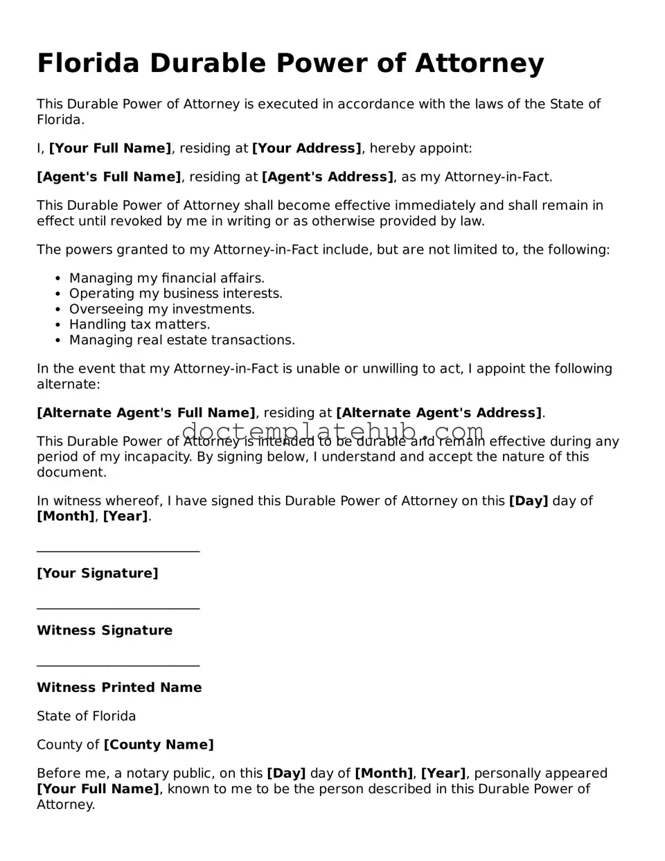 Fillable Durable Power of Attorney Template for Florida State