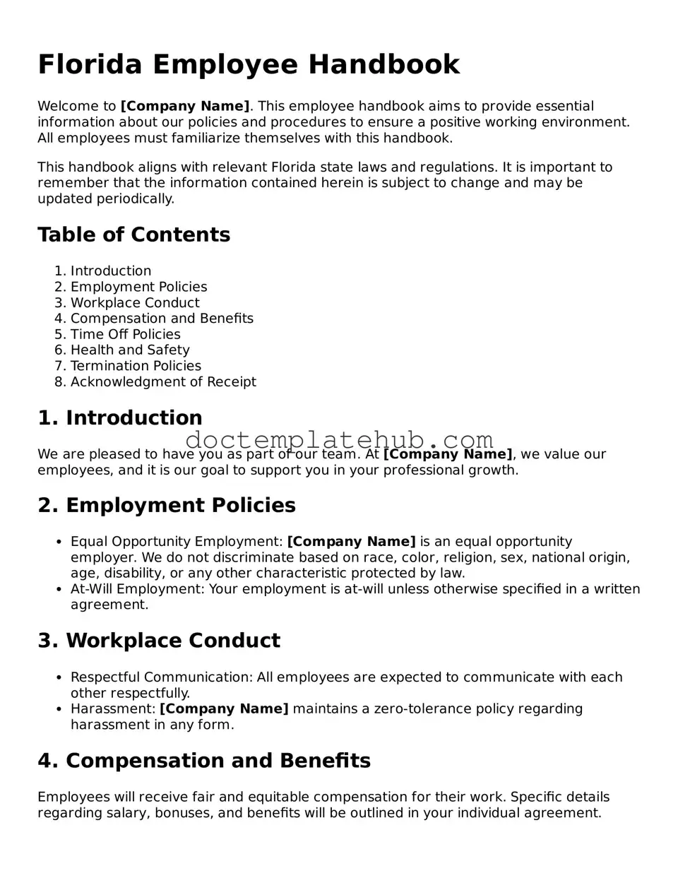 Fillable Employee Handbook Template for Florida State