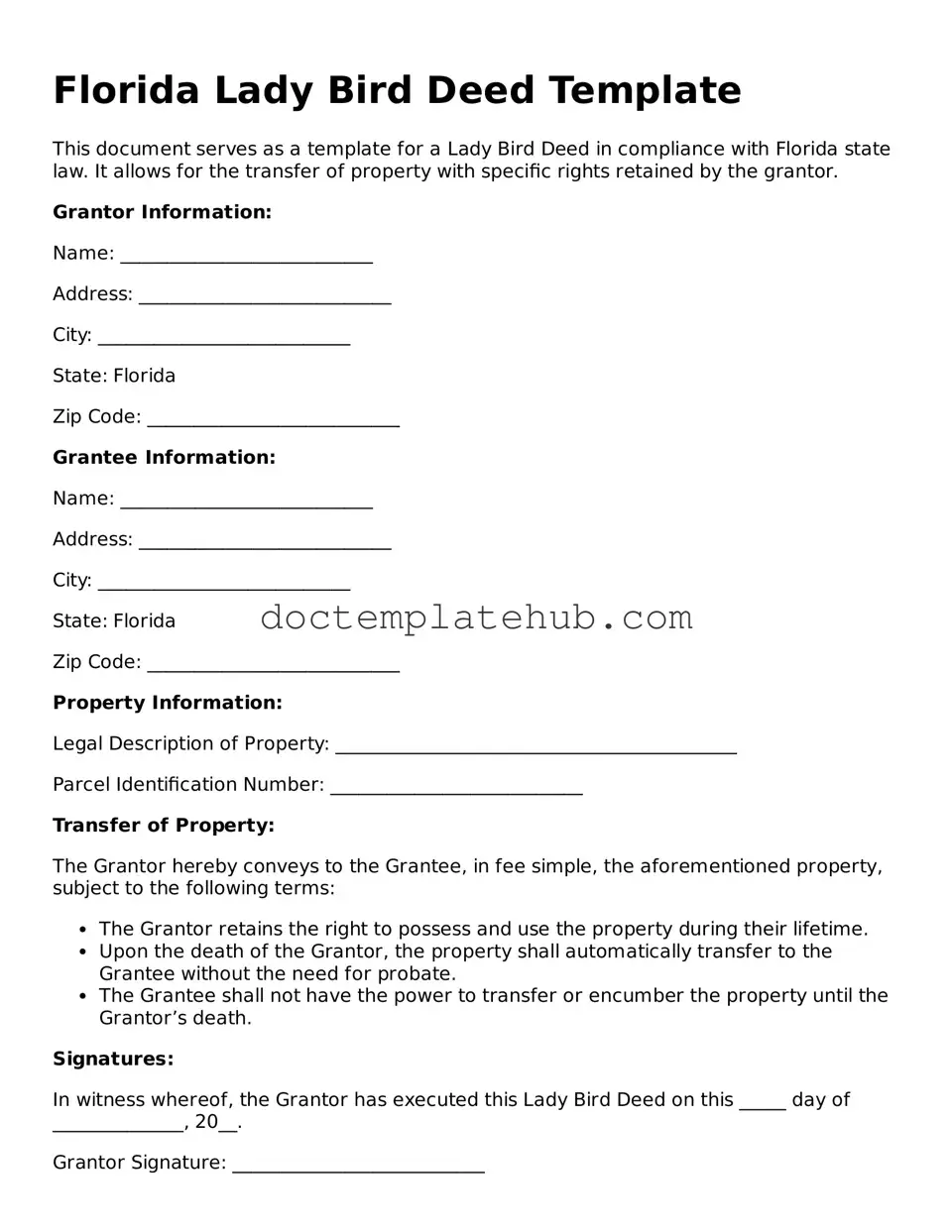 Fillable Lady Bird Deed Template for Florida State