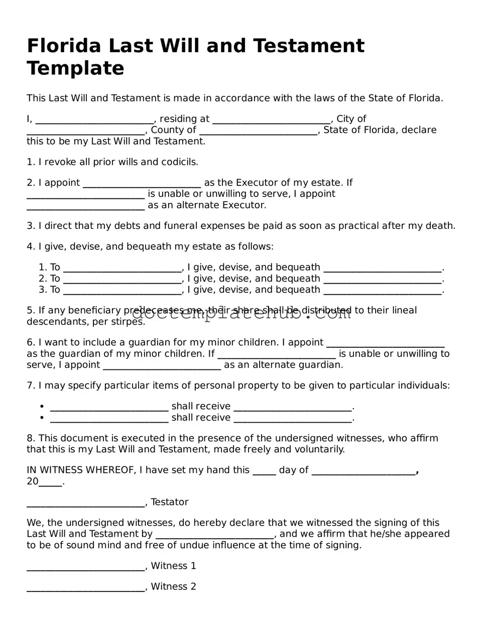 Fillable Last Will and Testament Template for Florida State