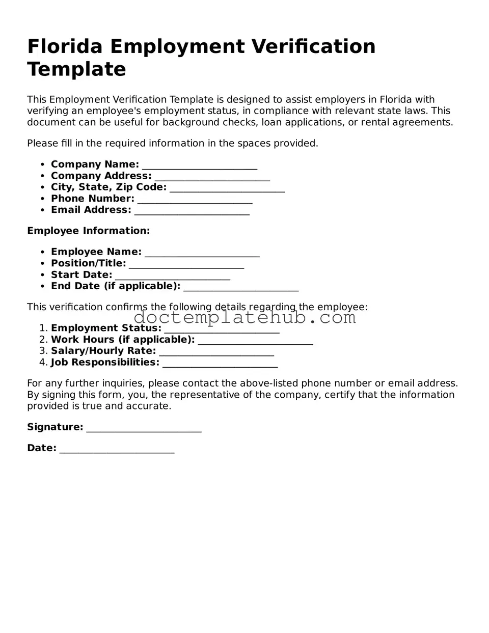 Fillable Employment Verification Template for Florida State