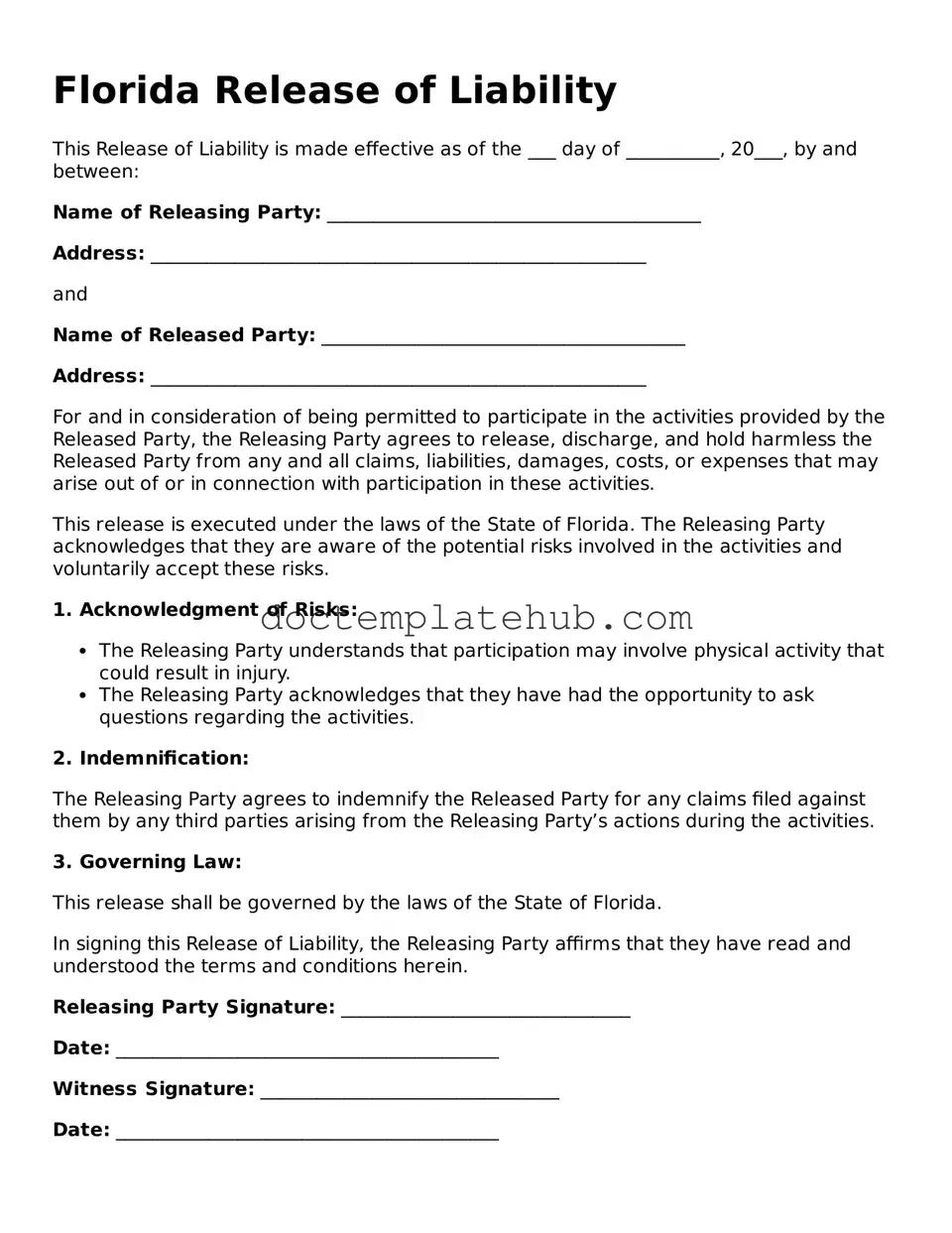 Fillable Release of Liability Template for Florida State