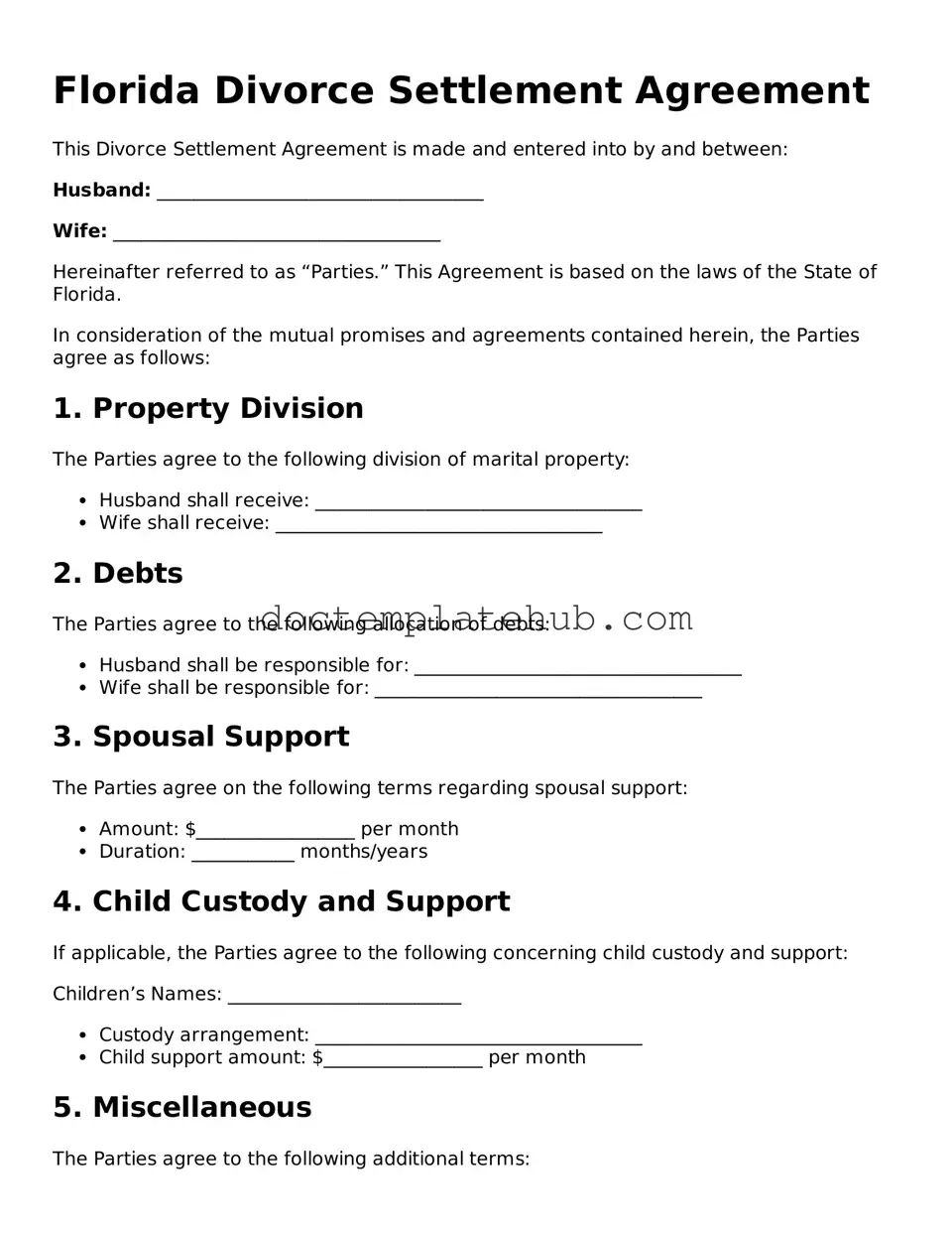 Fillable Divorce Settlement Agreement Template for Florida State