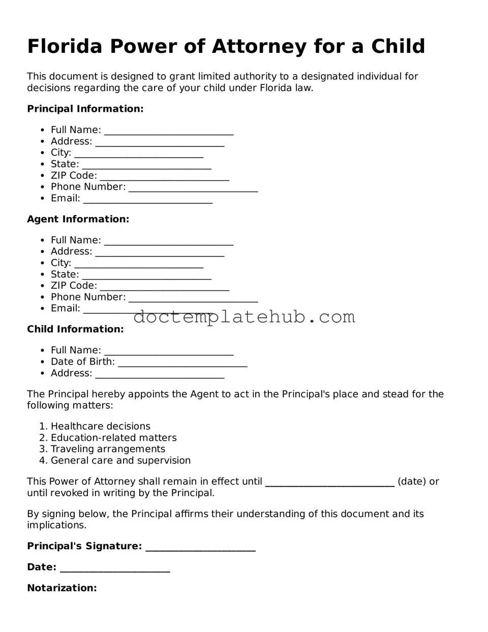 Fillable Power of Attorney for a Child Template for Florida State