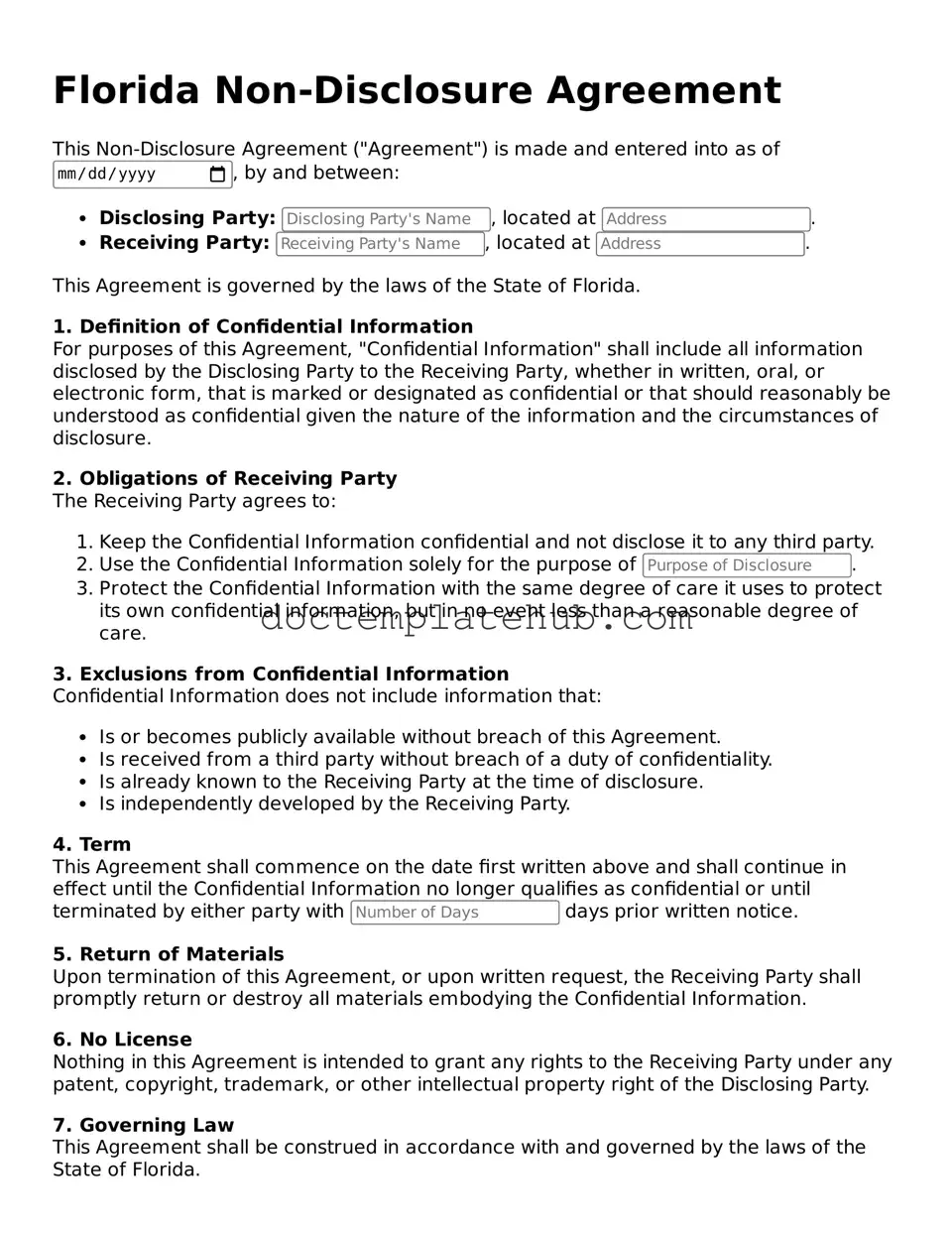 Fillable Non-disclosure Agreement Template for Florida State