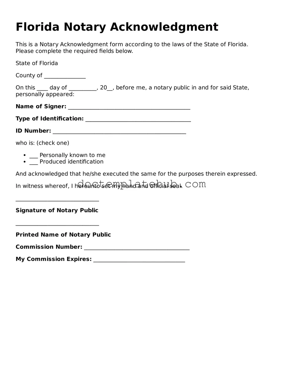 Fillable Notary Acknowledgement Template for Florida State