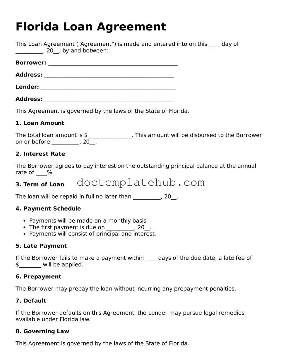 Fillable Loan Agreement Template for Florida State