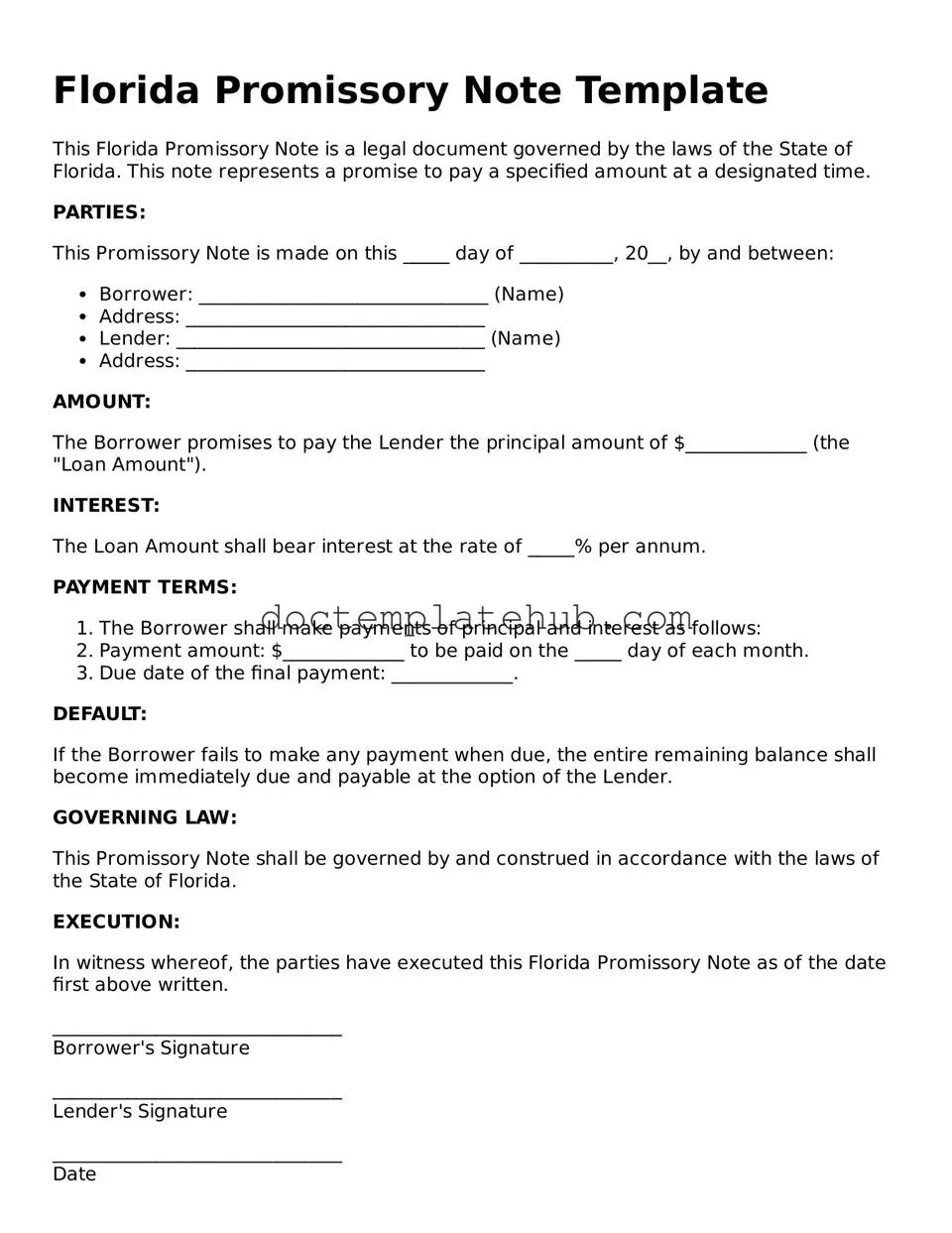 Fillable Promissory Note Template for Florida State