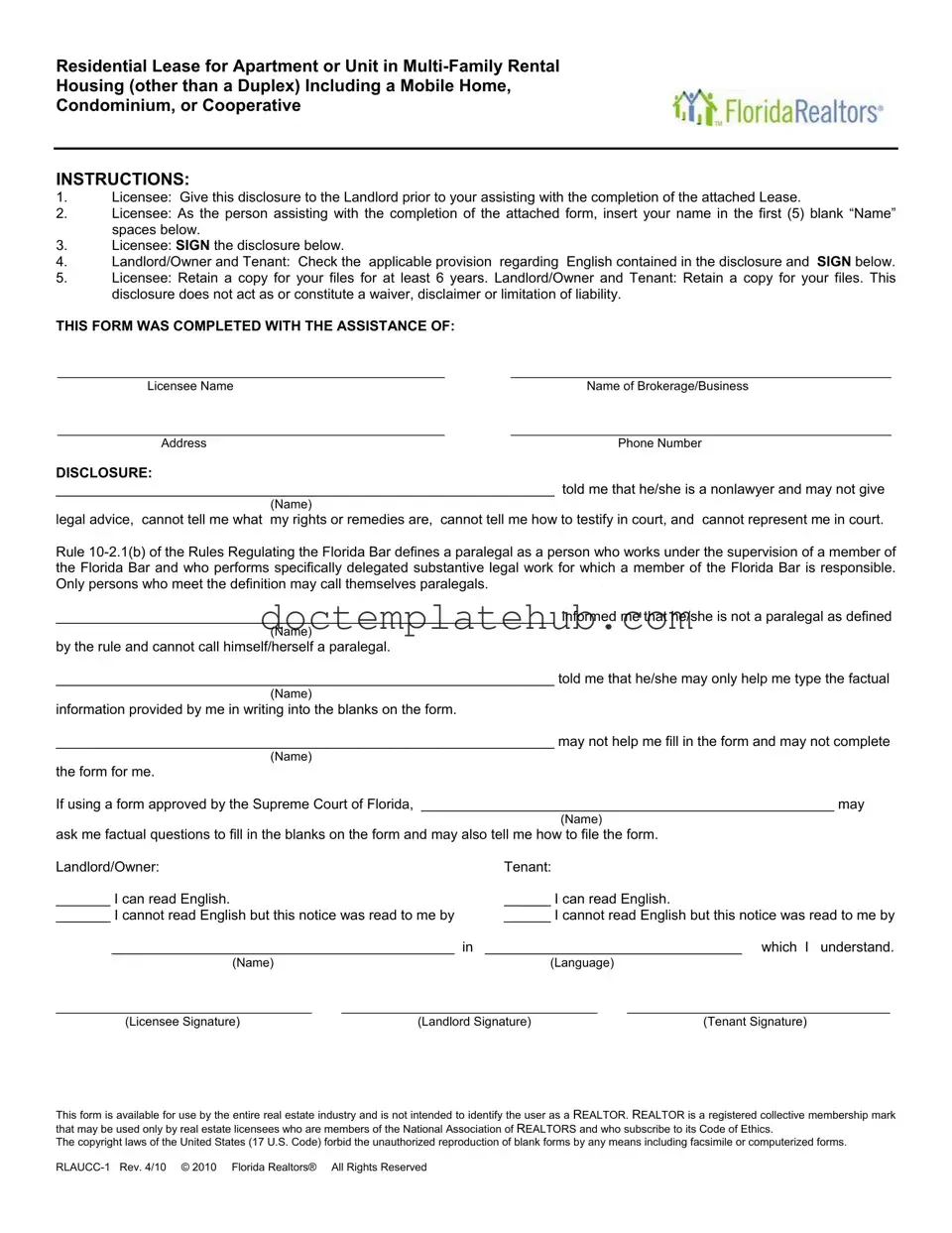 Fill Your Florida Realtors Residential Lease Form