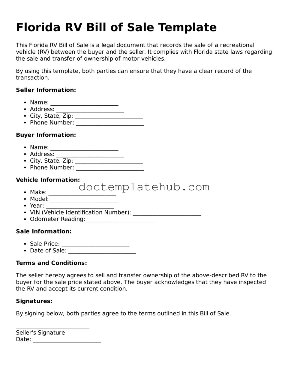 Fillable RV Bill of Sale Template for Florida State
